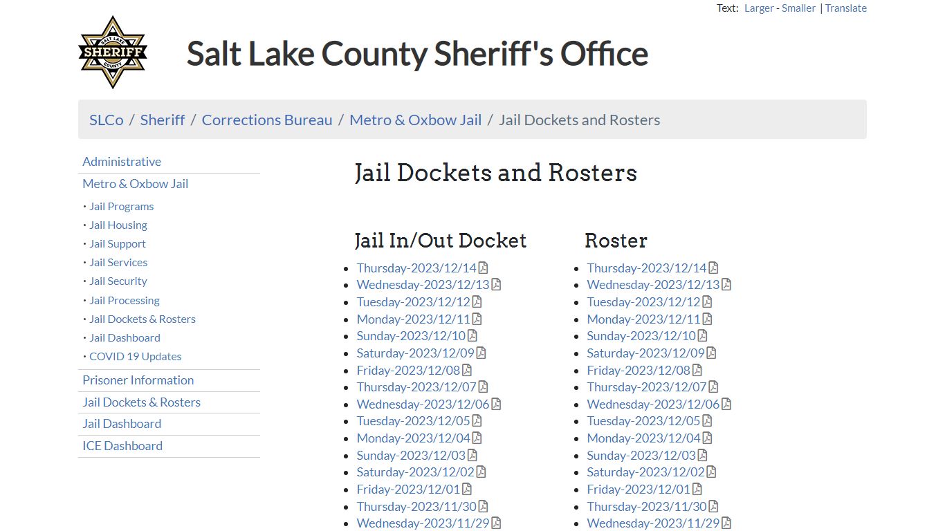 Jail Dockets and Rosters - Sheriff | SLCo - Salt Lake County, Utah